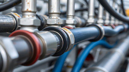 High pressure hydraulic hose system connected to steel pipes, close-up. Marine hydraulics. Generative AI