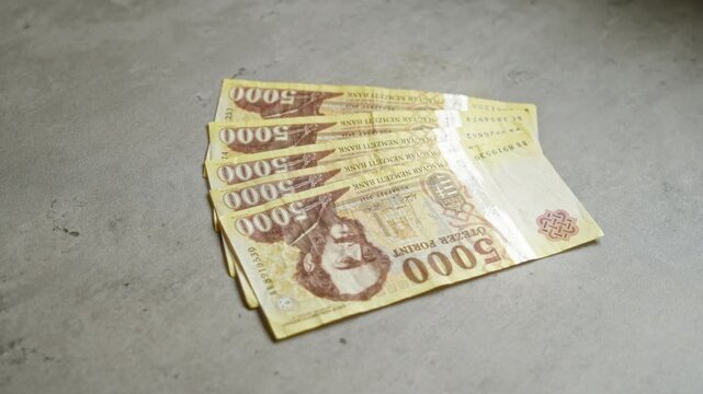 Hungarian forint banknotes fanned out on a concrete surface showcasing 5000 denomination notes in various conditions.