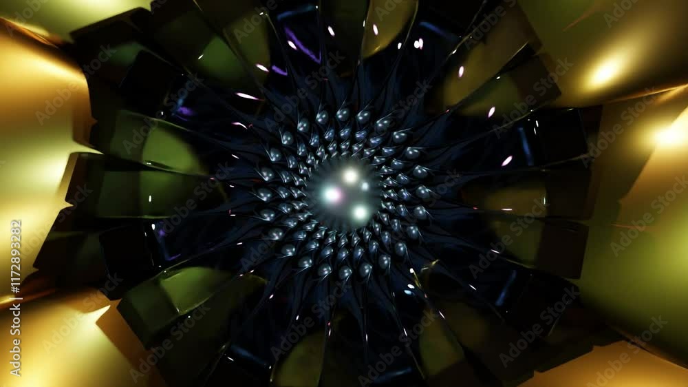 Wall mural abstract background 3d animation shiny glass and metal reflective objects movement rotation play of 