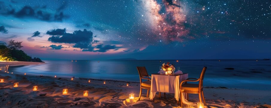 Amazing beach dinner setting under Milky Ways night sky. Luxury destination dining, honeymoon or anniversary dinner, flowers and candles for the best romantic experience. Stunning colorful outdoors. M