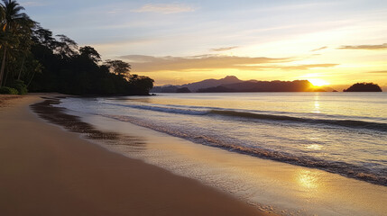 Serene Beach at Sunset with Calm Waves and Lush Palm Trees