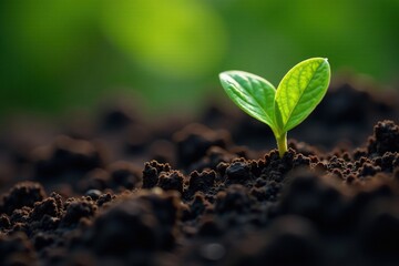 Fototapeta premium Dark soil with tiny green sprout emerging slowly, earthy, green