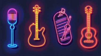 Naklejka premium Vibrant Neon Karaoke Signs with Microphone and Guitar for Music Events