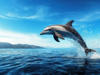 Fototapeta premium A captivating dolphin leaps gracefully from the sparkling blue ocean, showcasing its agility and beauty against a serene backdrop of hills and a vibrant sky.