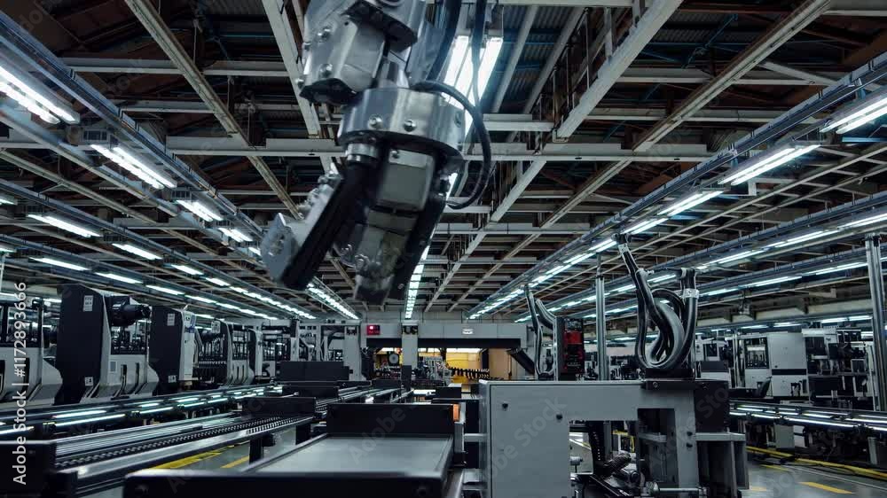 Poster Robot welding sparks fly in high-tech manufacturing facility demonstrating advanced automation processes