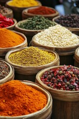Fototapeta premium Colorful spices in vibrant market showcasing the rich culinary heritage of India with a focus on curry ingredients and regional diversity