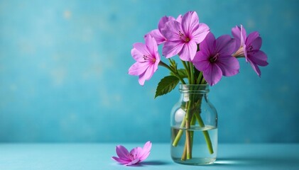 Purple aubrieta blooms in a distressed glass vase on a blue background, petals, flowers © Wachiraporn