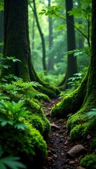 Fototapeta premium Dense forest foliage Pilea microphylla plants and wild moss overgrown with ferns, forest floor, wild