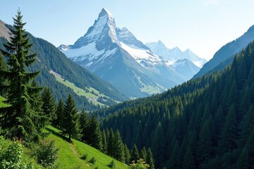 Fototapeta premium Dense forest surrounds the snow-capped mountain's gentle slope, landscape, scenery, foliage