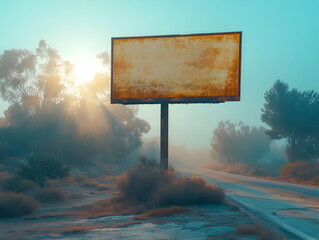 Rusted billboard at sunrise on a misty road.