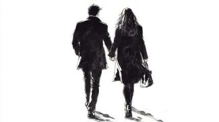 Young couple walking. Side view. Wear coat and suit. Continuous line drawing. Hand drawn black and white vector illustration in line art style.