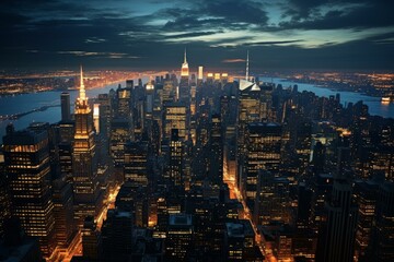 Breathtaking aerial view of new york city skyline at dusk, featuring illuminated skyscrapers and the iconic empire state building