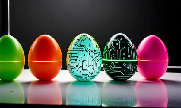 Abstract Lines Circuit Lights technology digital hi tech easter eggs concept background. Digital Easter eggs with glowing circuit patterns. Modern celebration technology