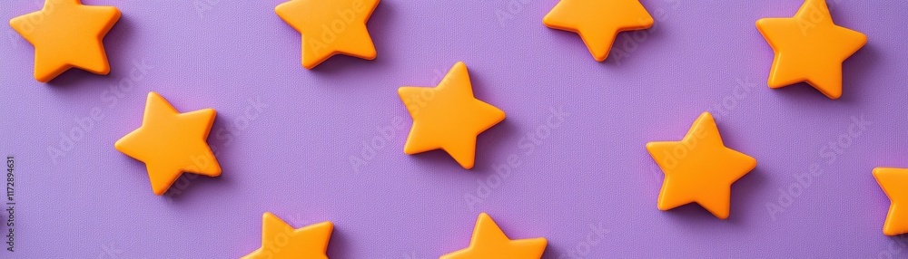 Poster the image features vibrant orange star shapes scattered across a purple background, creating a playf