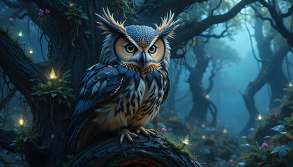 Majestic owl perched on a tree in an enchanted forest at night.