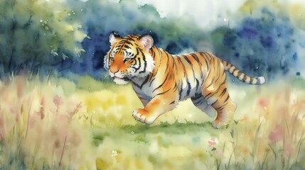 野原を歩くトラの子供