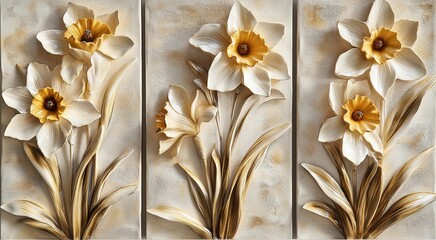 A set of three decorative panels with finely sculpted daffodils in golden yellow, soft cream, and bronze accents. Perfect for brightening up any room with a touch of natural elegance