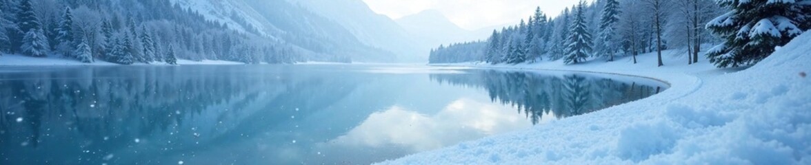 Snowflakes gently falling onto the frozen lake, calm, frozen lake, white