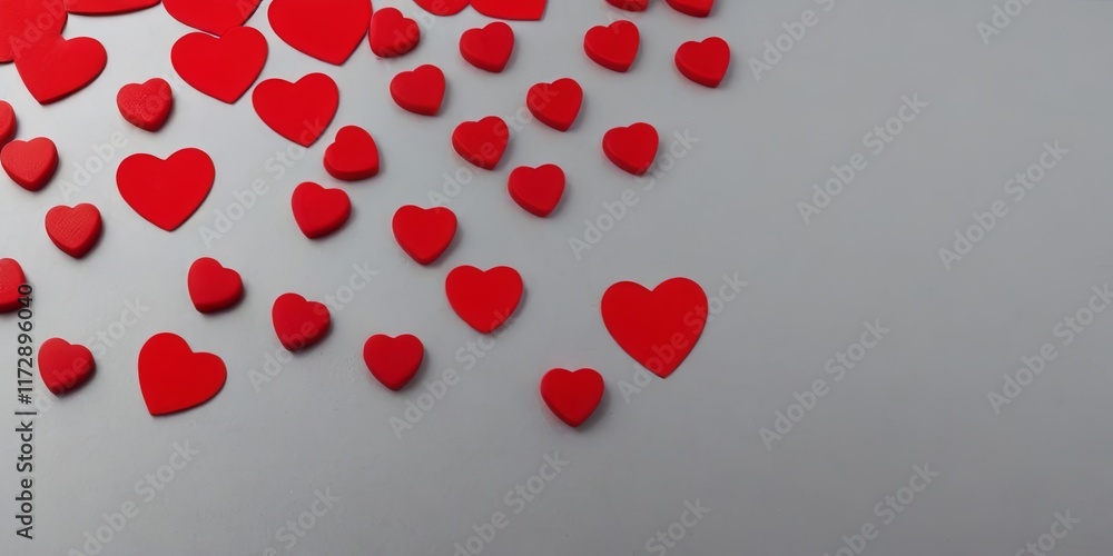 Poster a large collection of red hearts are scattered across a gray background