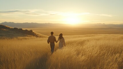 Couple holding hands, walking away into sunset over grassy field.