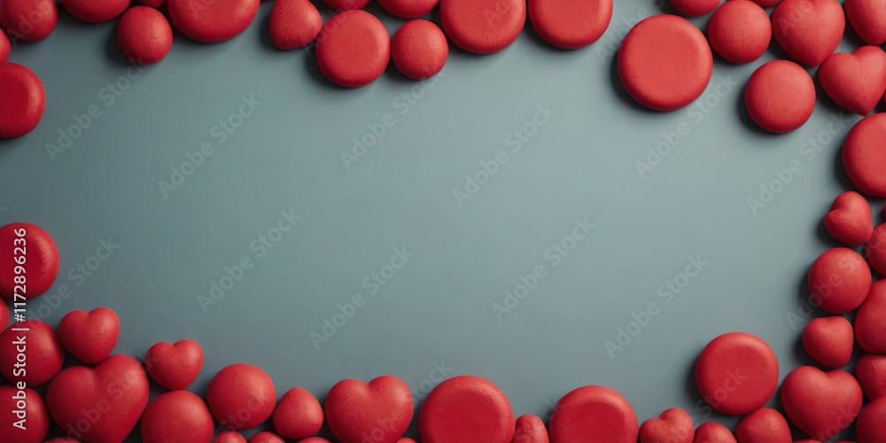 Poster A blue background with red heart shaped objects in a circle