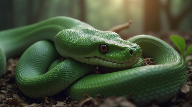 close up of a green python