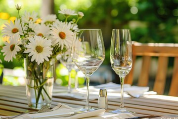 Beautiful outdoor table setting with white flowers for a dinner, wedding reception or other festive event. MZ