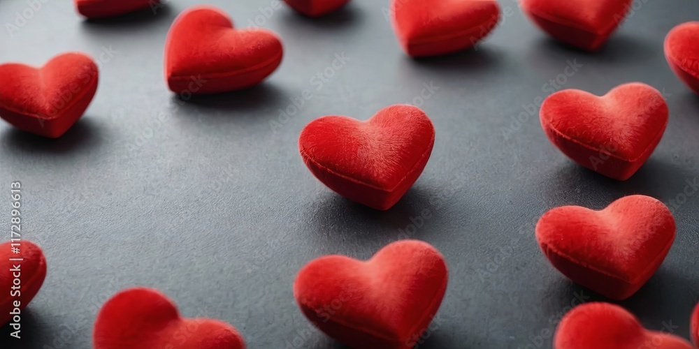 Poster a row of red hearts are arranged on a gray surface