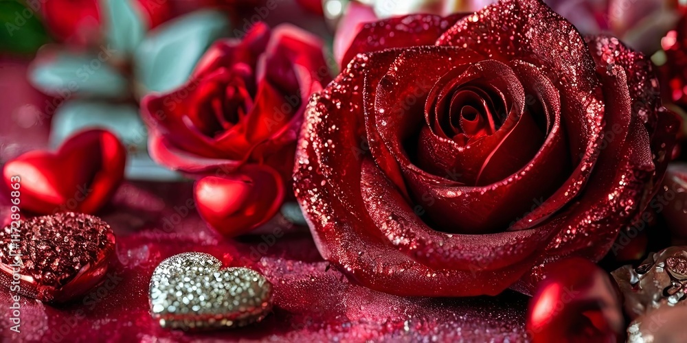 Aufkleber a red rose with glitter on it is surrounded by hearts and chocolates