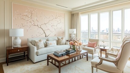 Fototapeta premium A serene princess living room with soft-toned furniture, elegant wall decor, and a touch of vintage charm.