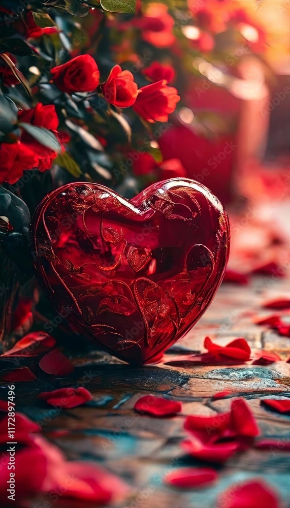 Poster a red heart is sitting on a table with red rose petals around it
