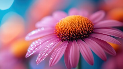 Obraz premium A close-up of a vibrant pink flower with dew droplets, showcasing nature's beauty.