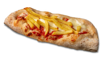Pizza with tomato and cheese sauce and chips. Isolated