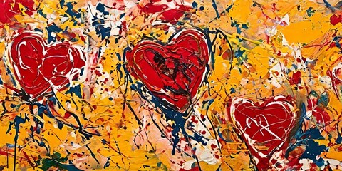 A painting of three hearts with yellow and blue splatters