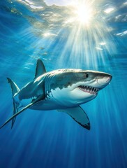 Fototapeta premium A stunning underwater view captures a great white shark gliding gracefully through crystal-clear waters, illuminated by radiant sunbeams breaking through the ocean's surface.