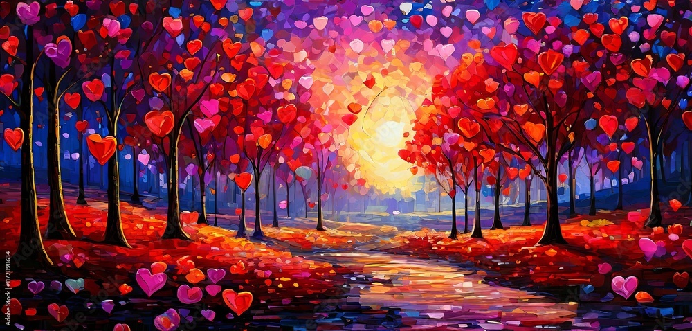 Poster A painting of a forest with a path and trees full of hearts