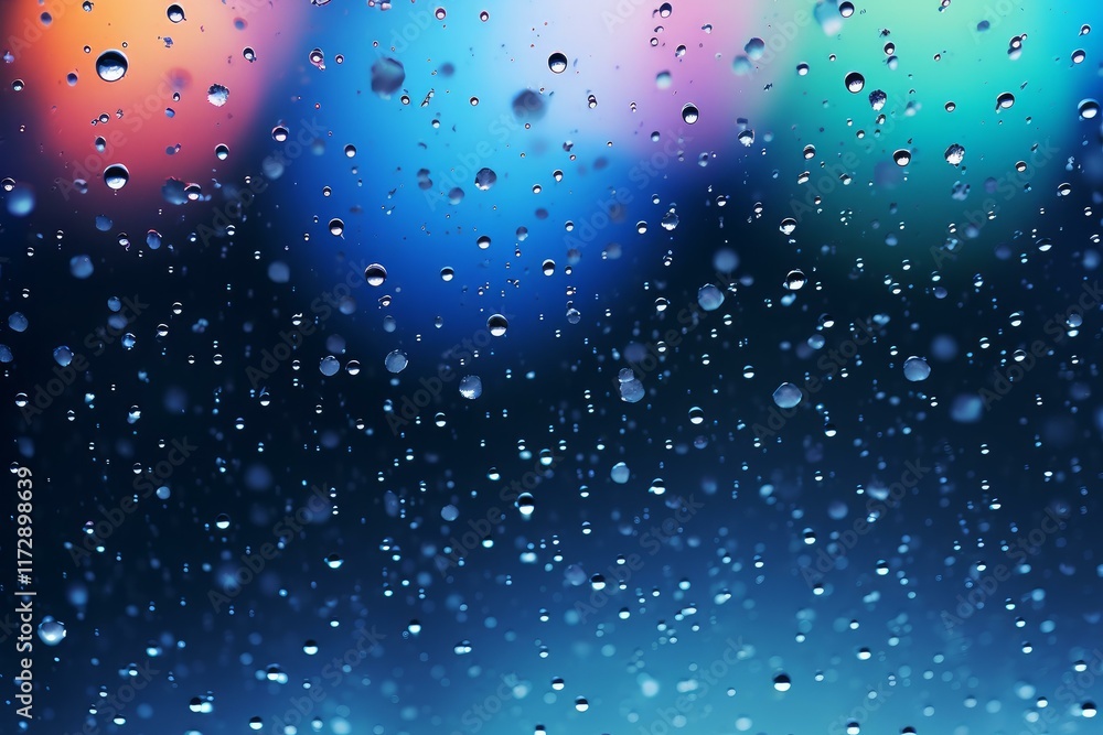 Poster water drops clinging to glass surface with a vibrant, colorful bokeh background, creating an abstrac