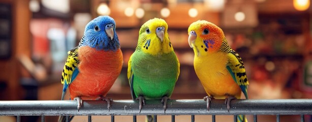 Three vibrant budgerigars perched on urban metal fence wildlife