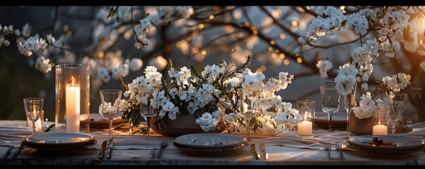 Beautiful outdoor table setting with white flowers for a dinner, wedding reception or other festive event. MZ