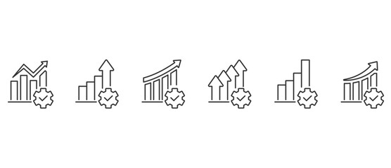 Simple Line icon of Growth graph vector with gear.  Business chart. Financial rise up. Increase profit. Economic graphic growth arrow rising. Chart icon in Transparent background. Editable stroke.