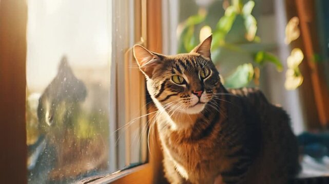 A curious cat observing birds outside the window, its tail flicking in excitement.