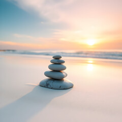 Zen stones balanced on the beach Sunrise light Meditation and relaxation on white background