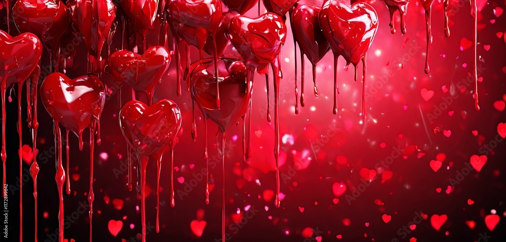Poster A red background with many hearts dripping from it