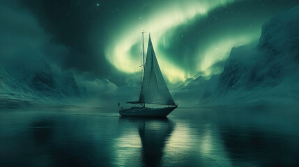 Majestic Wide Angle View of Sailboat Sailing Smoothly Under Northern Lights