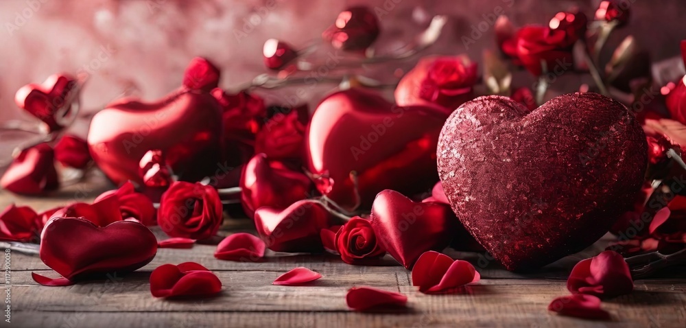 Poster a heart made of red glitter sits on a table with red roses