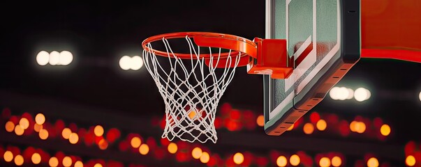 A close-up of a basketball hoop with a blurred background of lights.