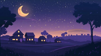 Fototapeta premium Serene Countryside Landscape with Crescent Moon in Dark Night Sky