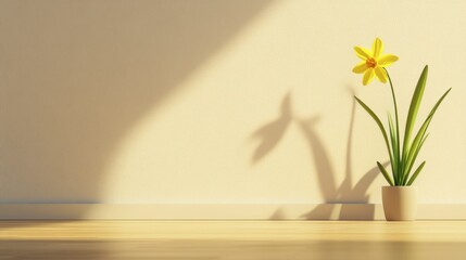 A single daffodil in a minimalist room, its cheerful yellow hue brightening the space.