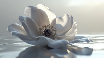 Obraz premium A single elegant anemone bloom lying on a glossy surface, its intricate petals fully open.
