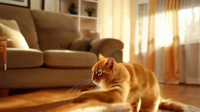 A playful cat chasing a laser pointer, darting energetically across the room.